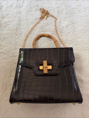 Comeco, Brown Croc-Embossed Bamboo-Handle Top-Handle Bag